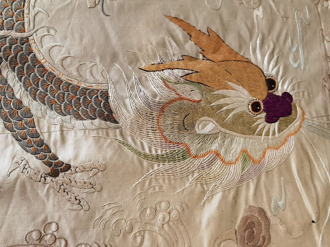 Magnificent antique 19th century  Chinese tablecloth ,in pure silk ,fully embroidered by hand . Collectible Textile -Home Decor