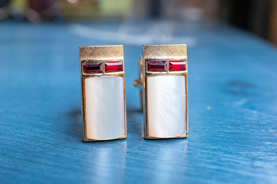 Vintage retro cufflinks  with ruby and mother of pearl . 1970's